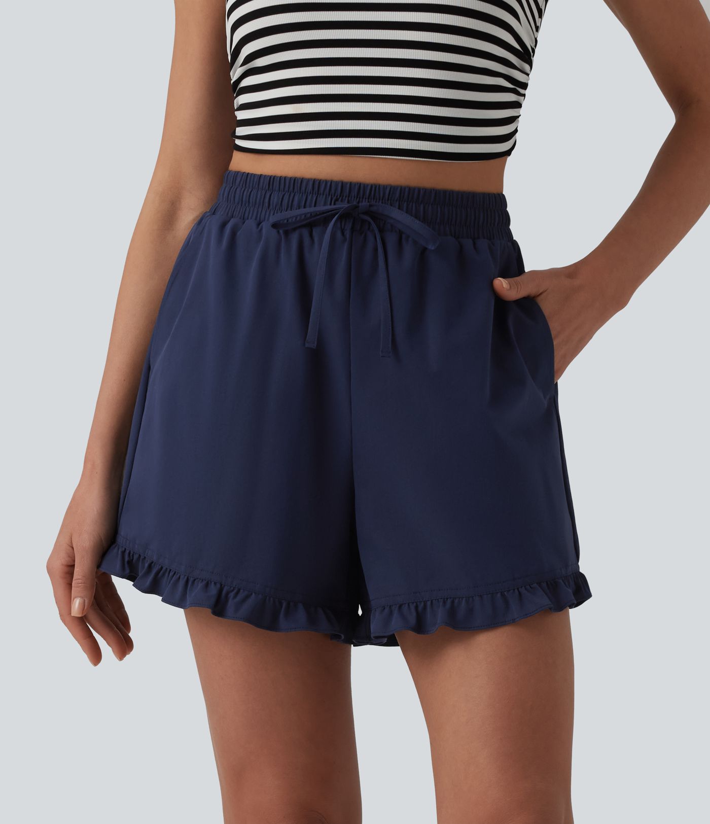 High Waisted Drawstring Ruffle Hem Stretchy Poplin Casual Baggy Shorts with Pockets