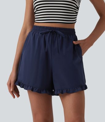 High Waisted Drawstring Ruffle Hem Stretchy Poplin Casual Baggy Shorts with Pockets