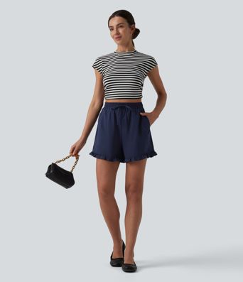 High Waisted Drawstring Ruffle Hem Stretchy Poplin Casual Baggy Shorts with Pockets