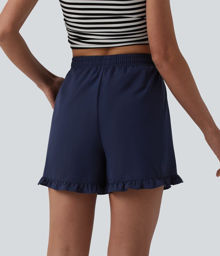 High Waisted Drawstring Ruffle Hem Stretchy Poplin Casual Baggy Shorts with Pockets