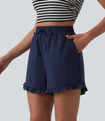 High Waisted Drawstring Ruffle Hem Stretchy Poplin Casual Baggy Shorts with Pockets
