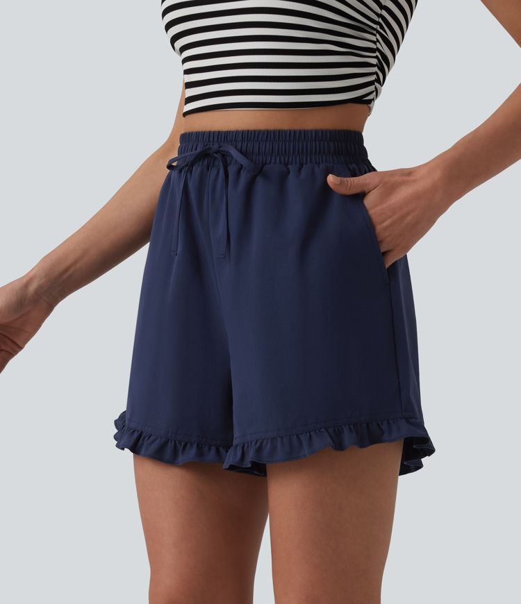 High Waisted Drawstring Ruffle Hem Stretchy Poplin Casual Baggy Shorts with Pockets
