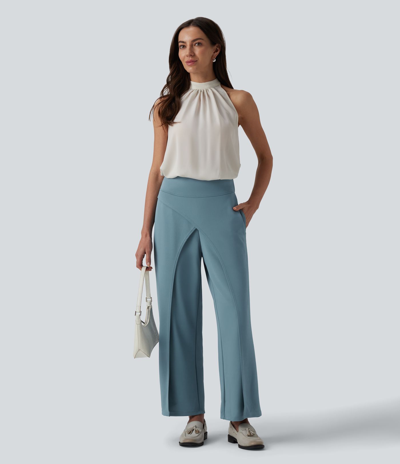 Halara Flex™ High Waisted Crossover Straight Leg Crepe Work Trousers with Pockets