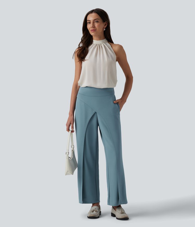 Halara Flex™ High Waisted Crossover Straight Leg Crepe Work Trousers with Pockets