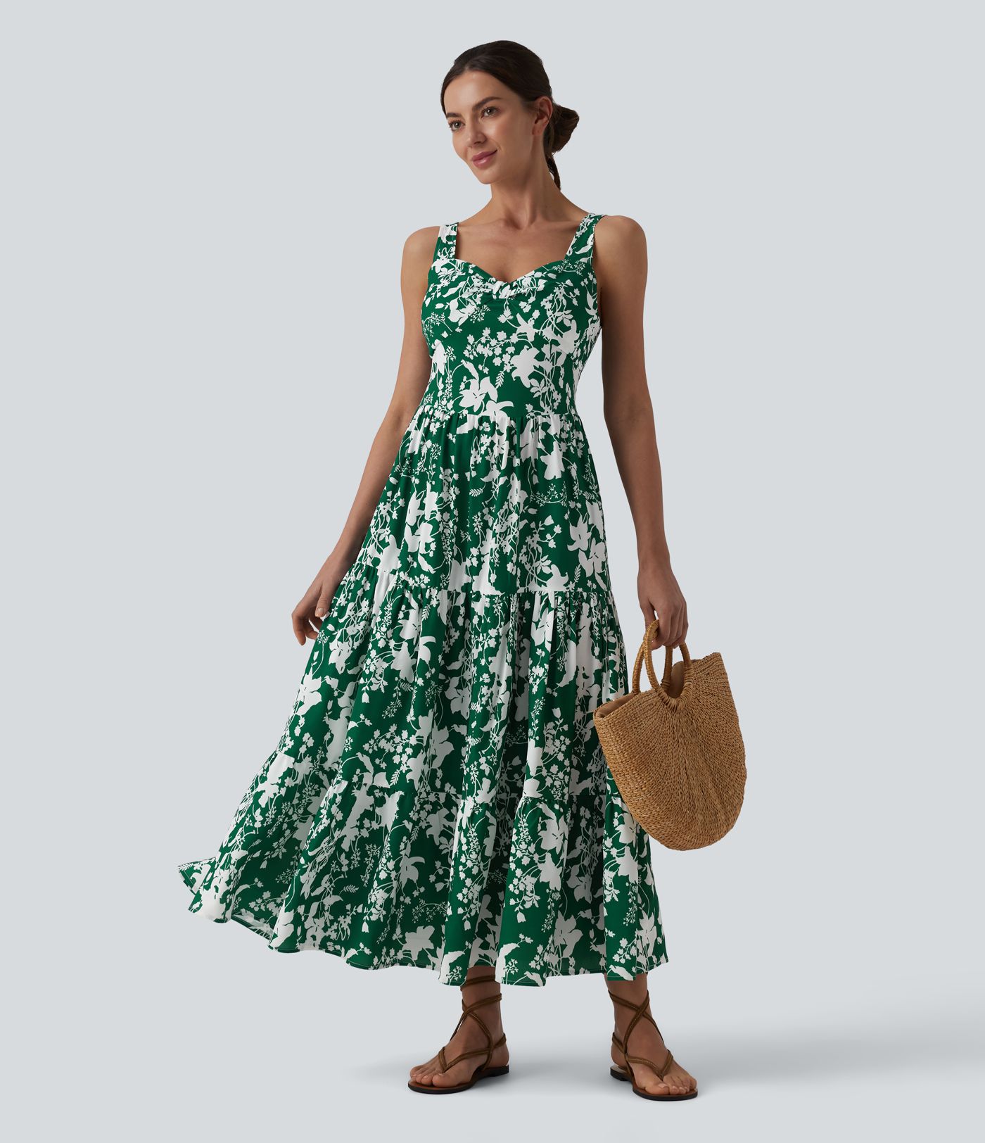 Sweetheart Neck Sleeveless Lace-up Floral Print Maxi Resort Dress