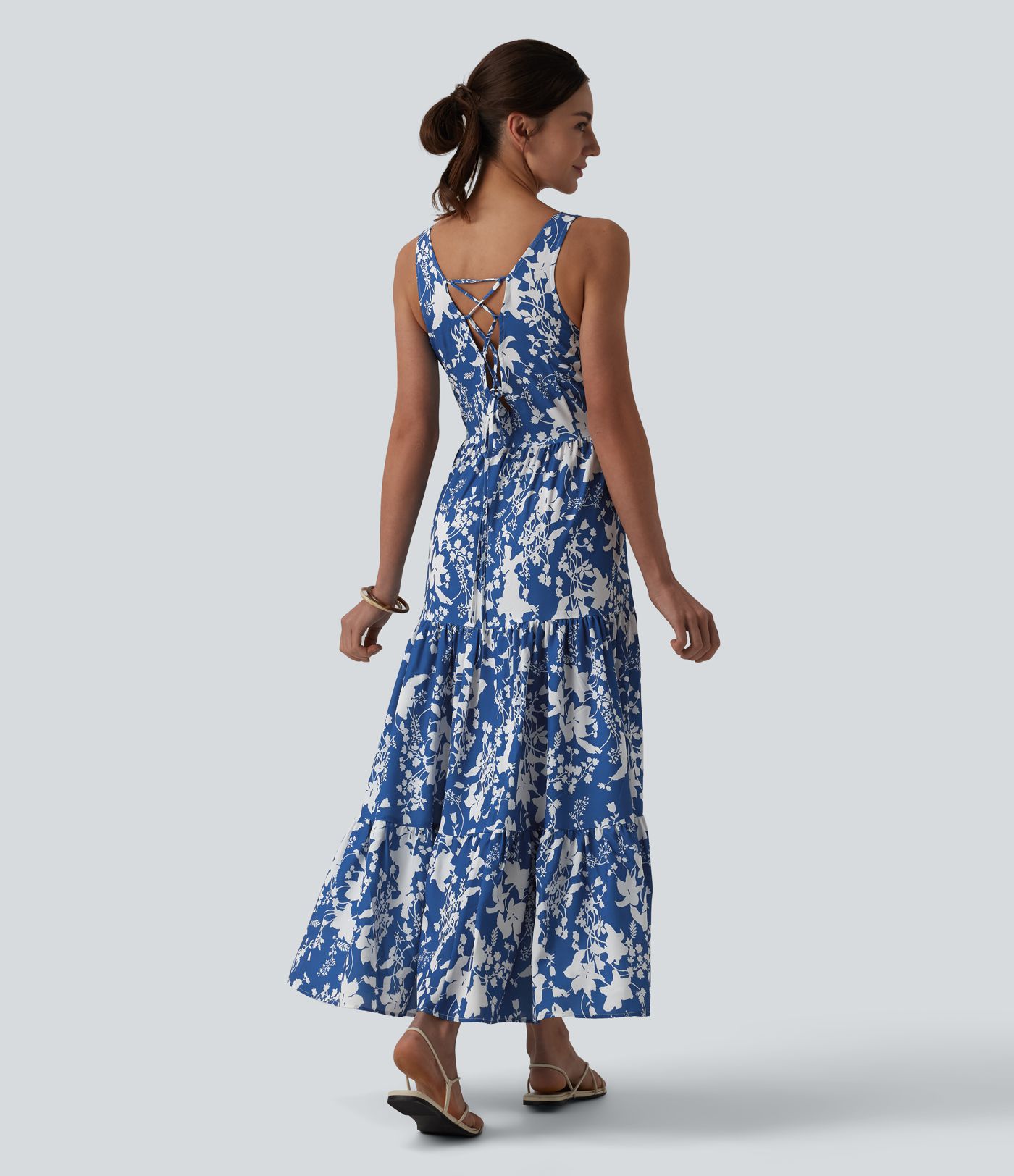 Sweetheart Neck Sleeveless Lace-up Floral Print Maxi Resort Dress