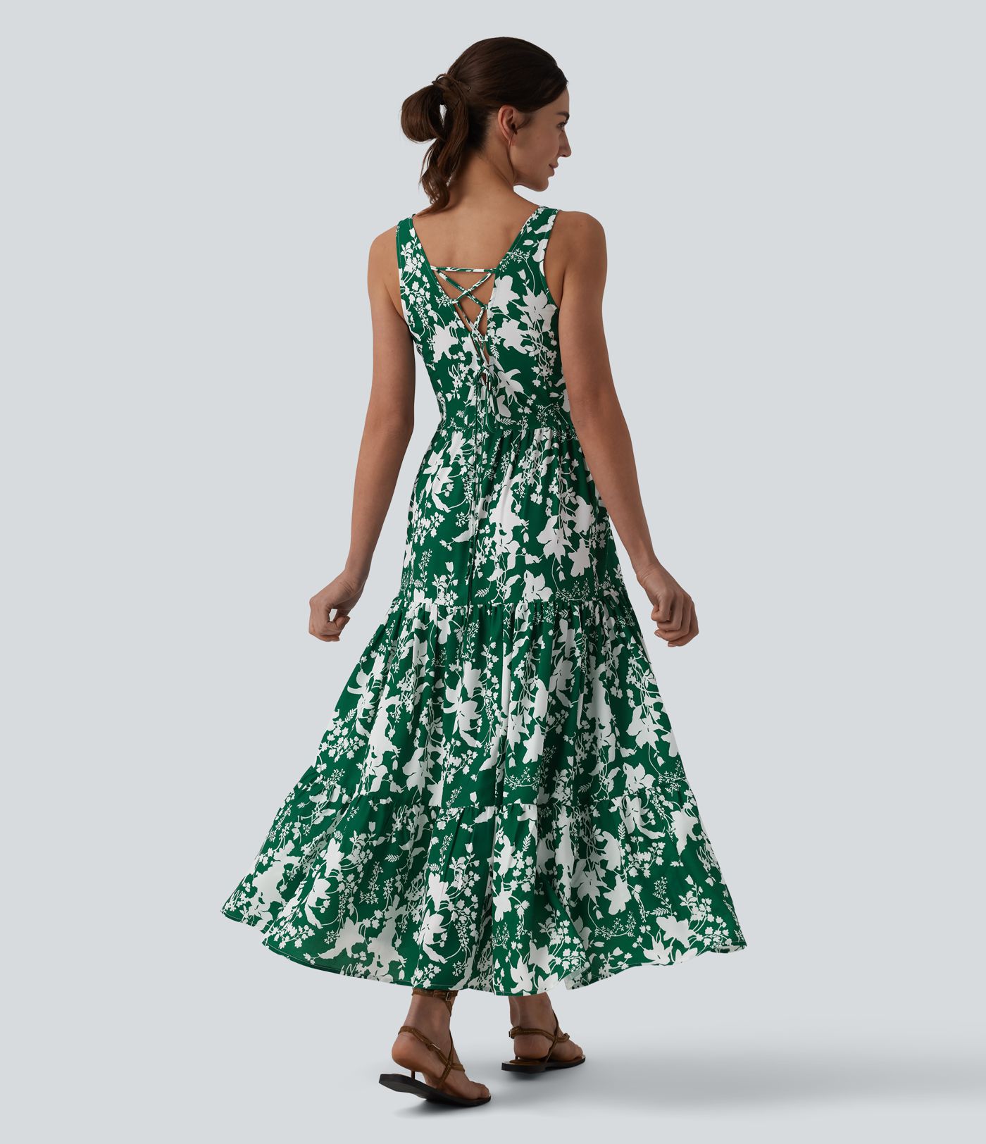 Sweetheart Neck Sleeveless Lace-up Floral Print Maxi Resort Dress