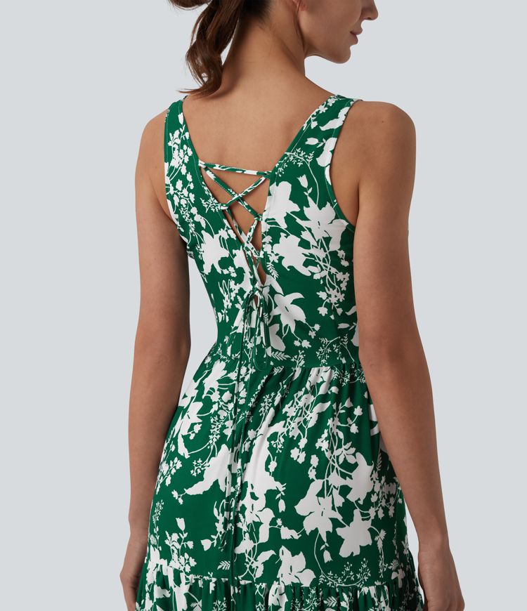 Sweetheart Neck Sleeveless Lace-up Floral Print Maxi Resort Dress
