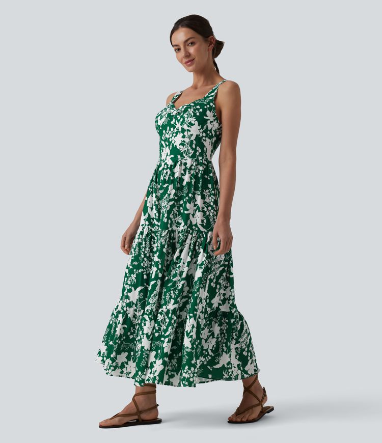 Sweetheart Neck Sleeveless Lace-up Floral Print Maxi Resort Dress
