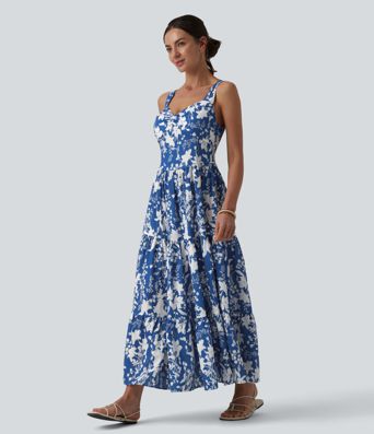 Sweetheart Neck Sleeveless Lace-up Floral Print Maxi Resort Dress