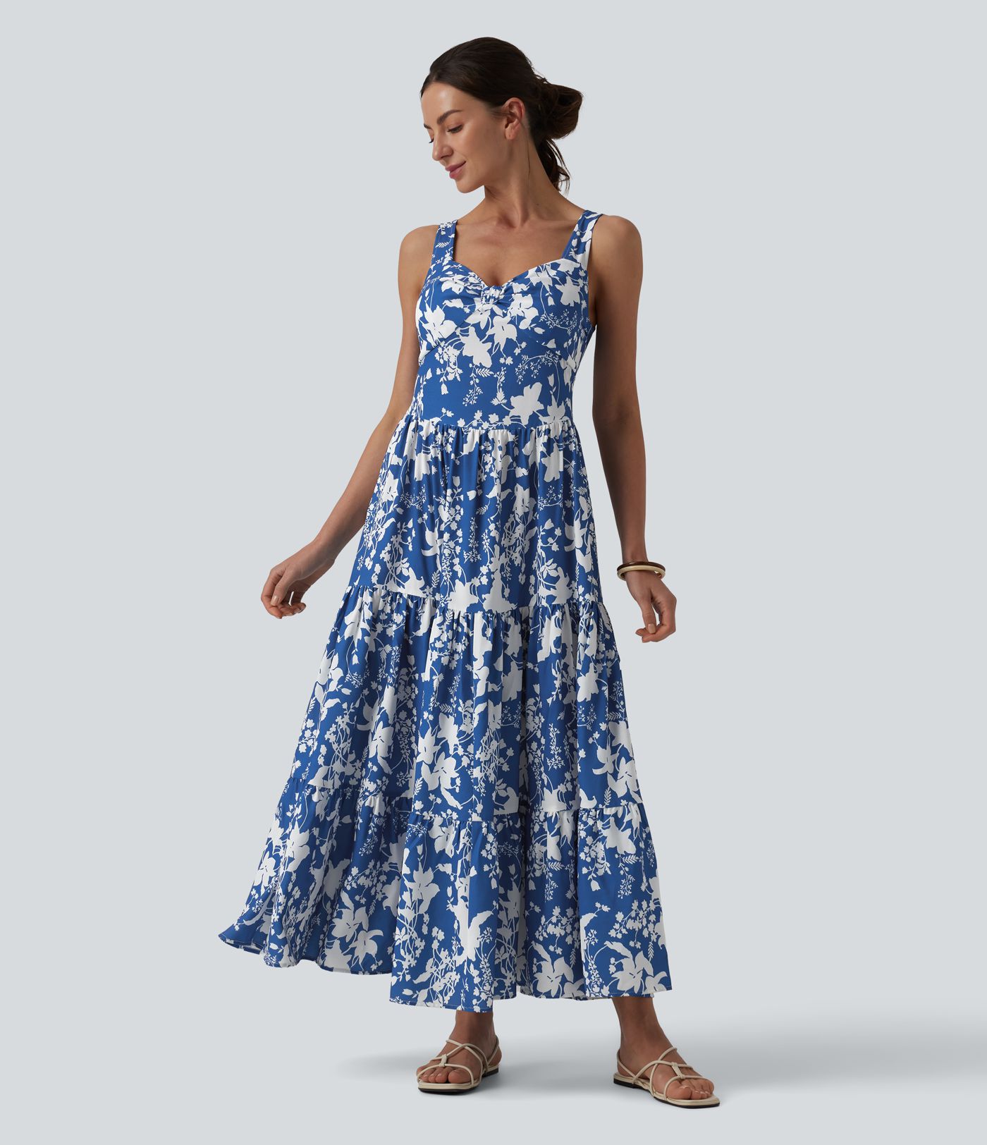 Sweetheart Neck Sleeveless Lace-up Floral Print Maxi Resort Dress