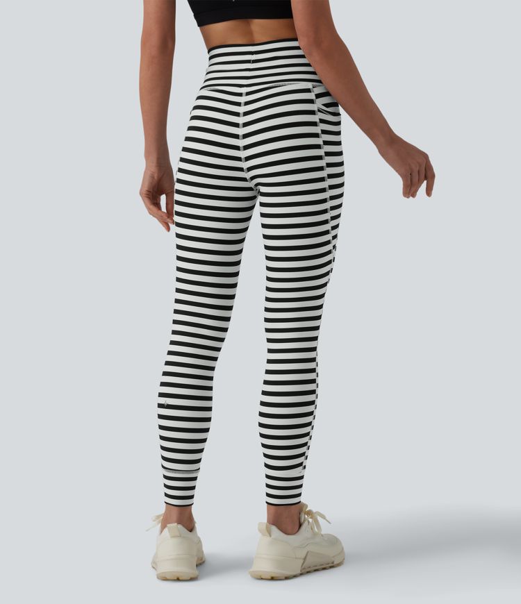 High Waisted Drawstring Stripe Yoga Leggings with Pockets