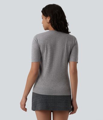 Round Neck Short Sleeve Slim Work Silk-Wool Blend Sweater