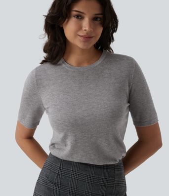 Round Neck Short Sleeve Slim Work Silk-Wool Blend Sweater