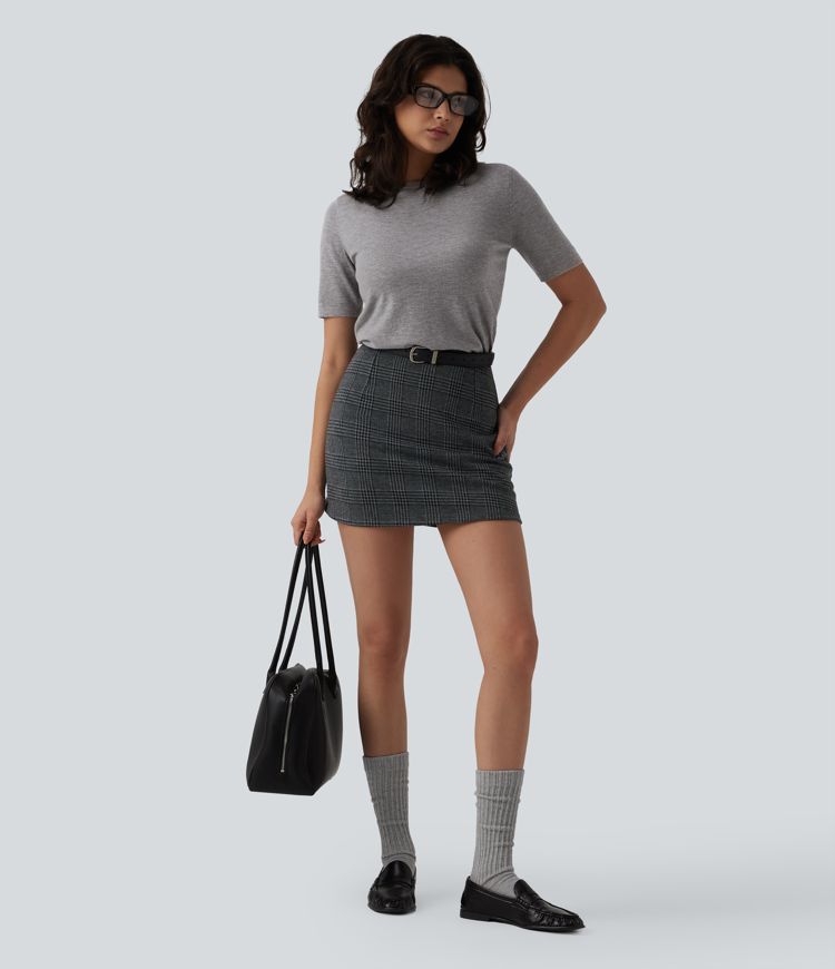 Round Neck Short Sleeve Slim Work Silk-Wool Blend Sweater