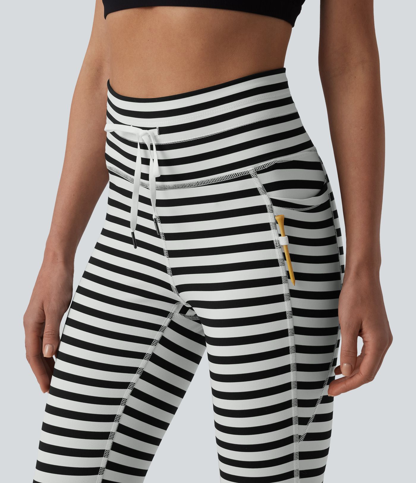 High Waisted Drawstring Stripe Yoga Leggings with Pockets