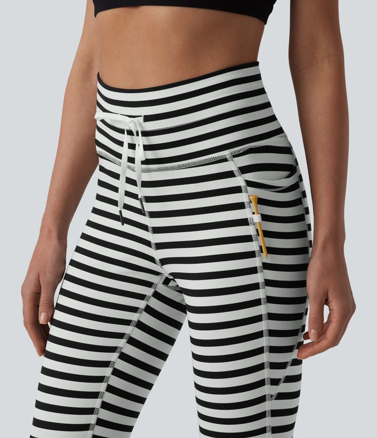 High Waisted Drawstring Stripe Yoga Leggings with Pockets