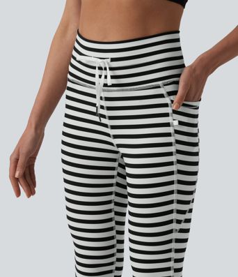 High Waisted Drawstring Stripe Yoga Leggings with Pockets