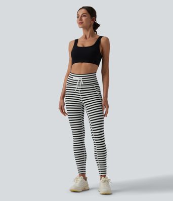 High Waisted Drawstring Stripe Yoga Leggings with Pockets