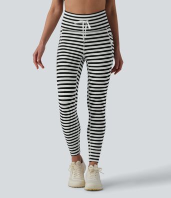 High Waisted Drawstring Stripe Yoga Leggings with Pockets