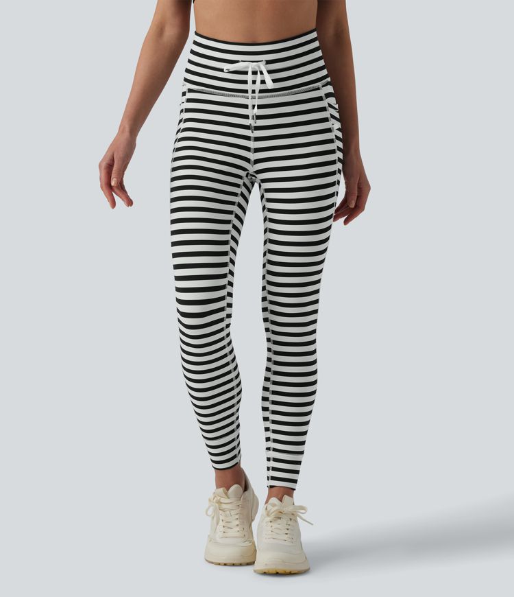 High Waisted Drawstring Stripe Yoga Leggings with Pockets