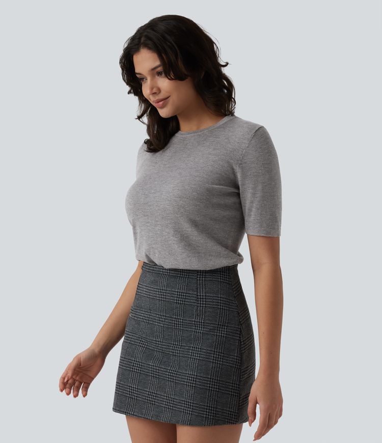 Round Neck Short Sleeve Slim Work Silk-Wool Blend Sweater