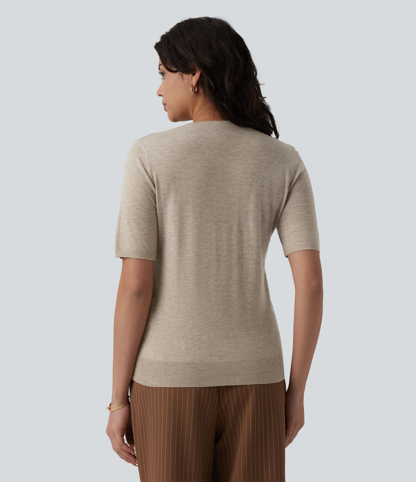 Round Neck Short Sleeve Slim Work Silk-Wool Blend Sweater