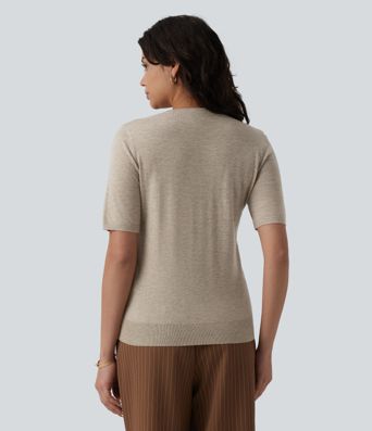 Round Neck Short Sleeve Slim Work Silk-Wool Blend Sweater