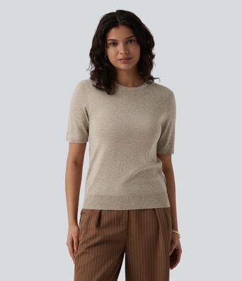 Round Neck Short Sleeve Slim Work Silk-Wool Blend Sweater