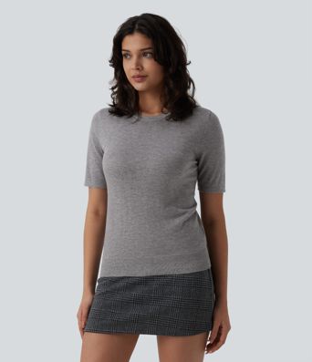 Round Neck Short Sleeve Slim Work Silk-Wool Blend Sweater