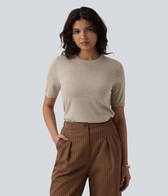 Round Neck Short Sleeve Slim Work Silk-Wool Blend Sweater