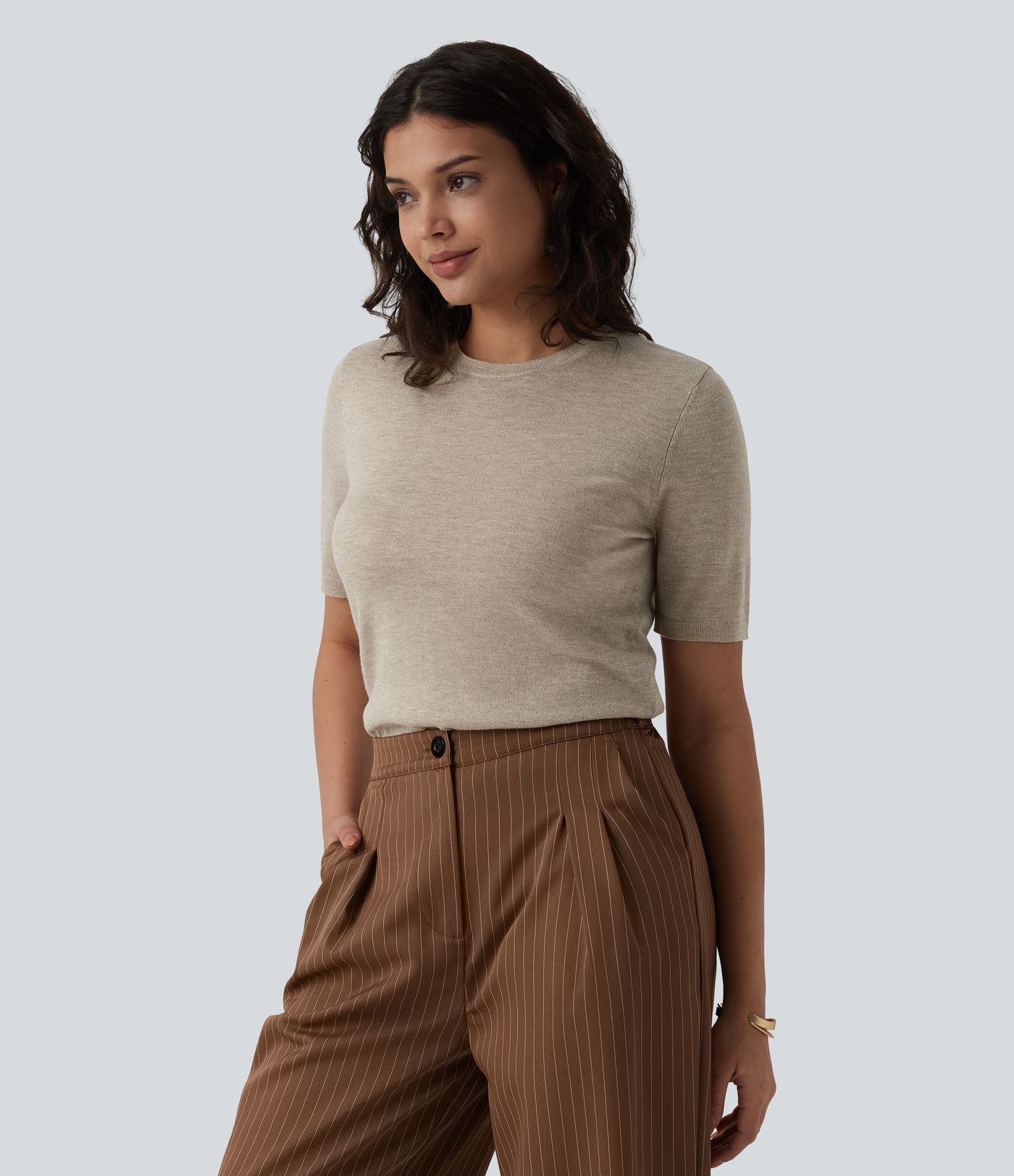 Round Neck Short Sleeve Slim Work Silk-Wool Blend Sweater