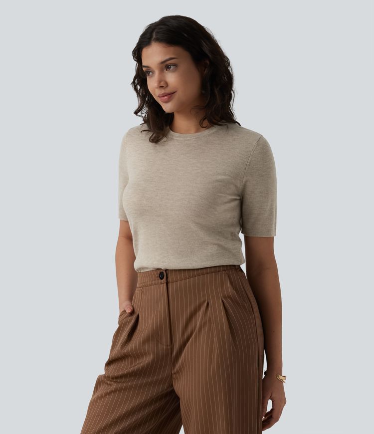 Round Neck Short Sleeve Slim Work Silk-Wool Blend Sweater