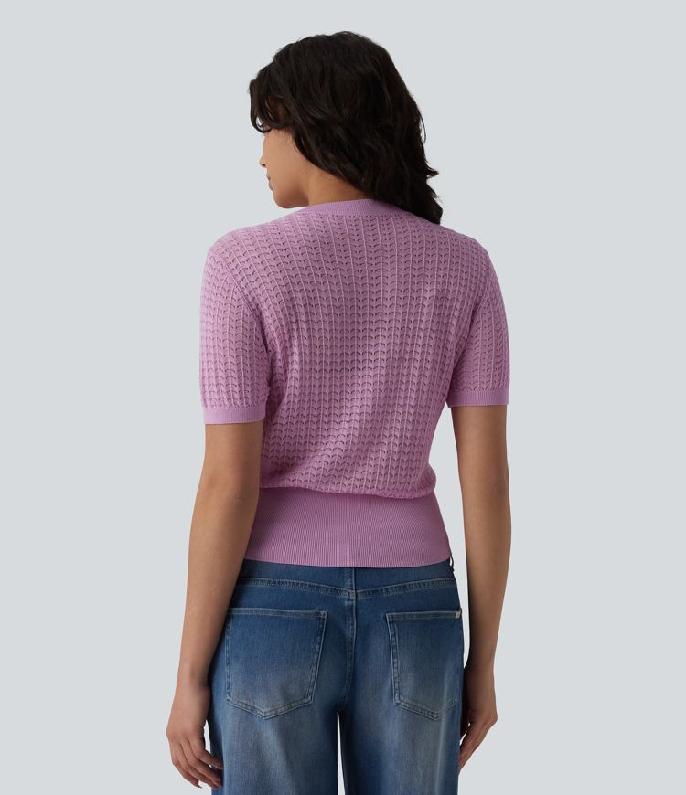 Round Neck Short Sleeve Hollow Out Resort Jumper