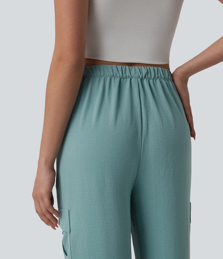 Pantalon cargo casual coupe droite taille mi-haute aspect lin à cordon de serrage avec poches