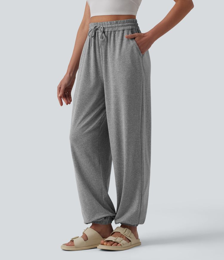 High Waisted Drawstring Wide Leg Casual Joggers with Pockets