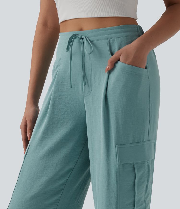 Pantalon cargo casual coupe droite taille mi-haute aspect lin à cordon de serrage avec poches