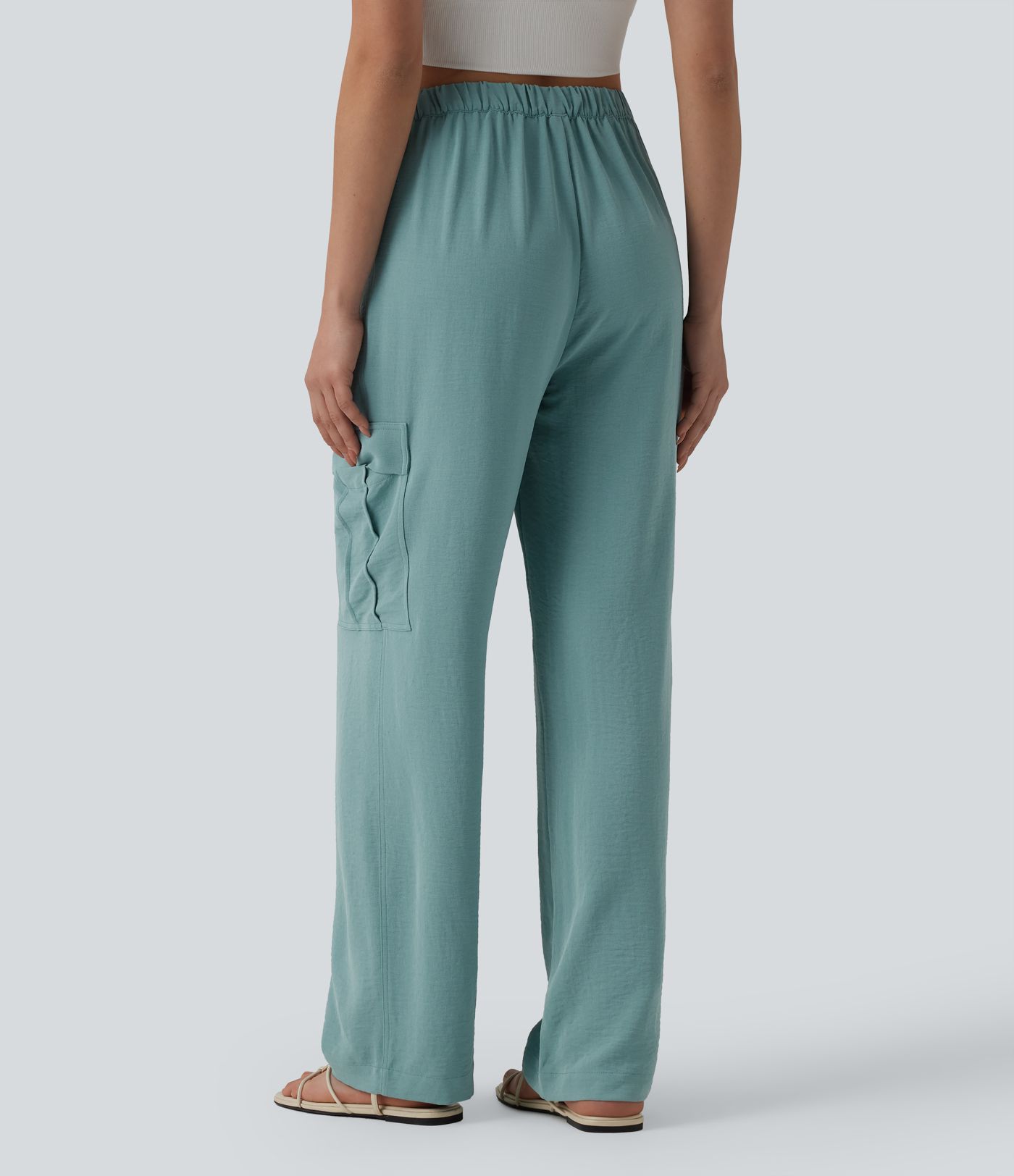 Pantalon cargo casual coupe droite taille mi-haute aspect lin à cordon de serrage avec poches