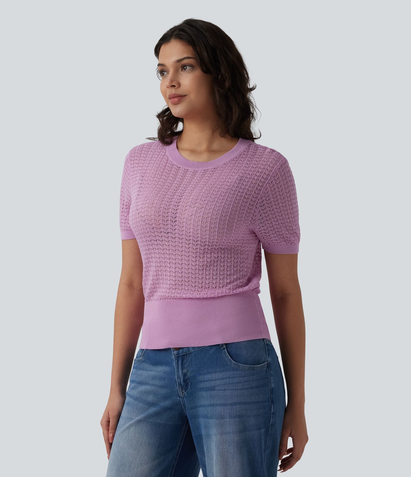 Round Neck Short Sleeve Hollow Out Resort Jumper