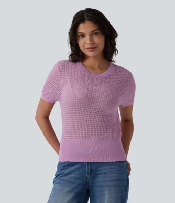 Round Neck Short Sleeve Hollow Out Resort Jumper