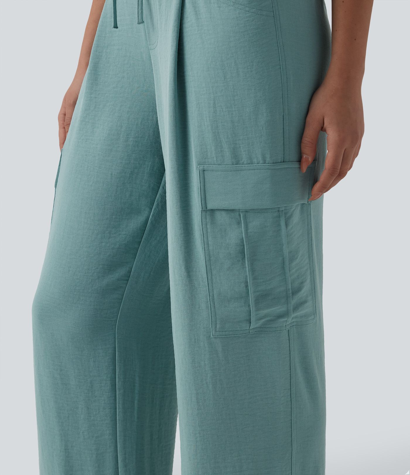 Pantalon cargo casual coupe droite taille mi-haute aspect lin à cordon de serrage avec poches