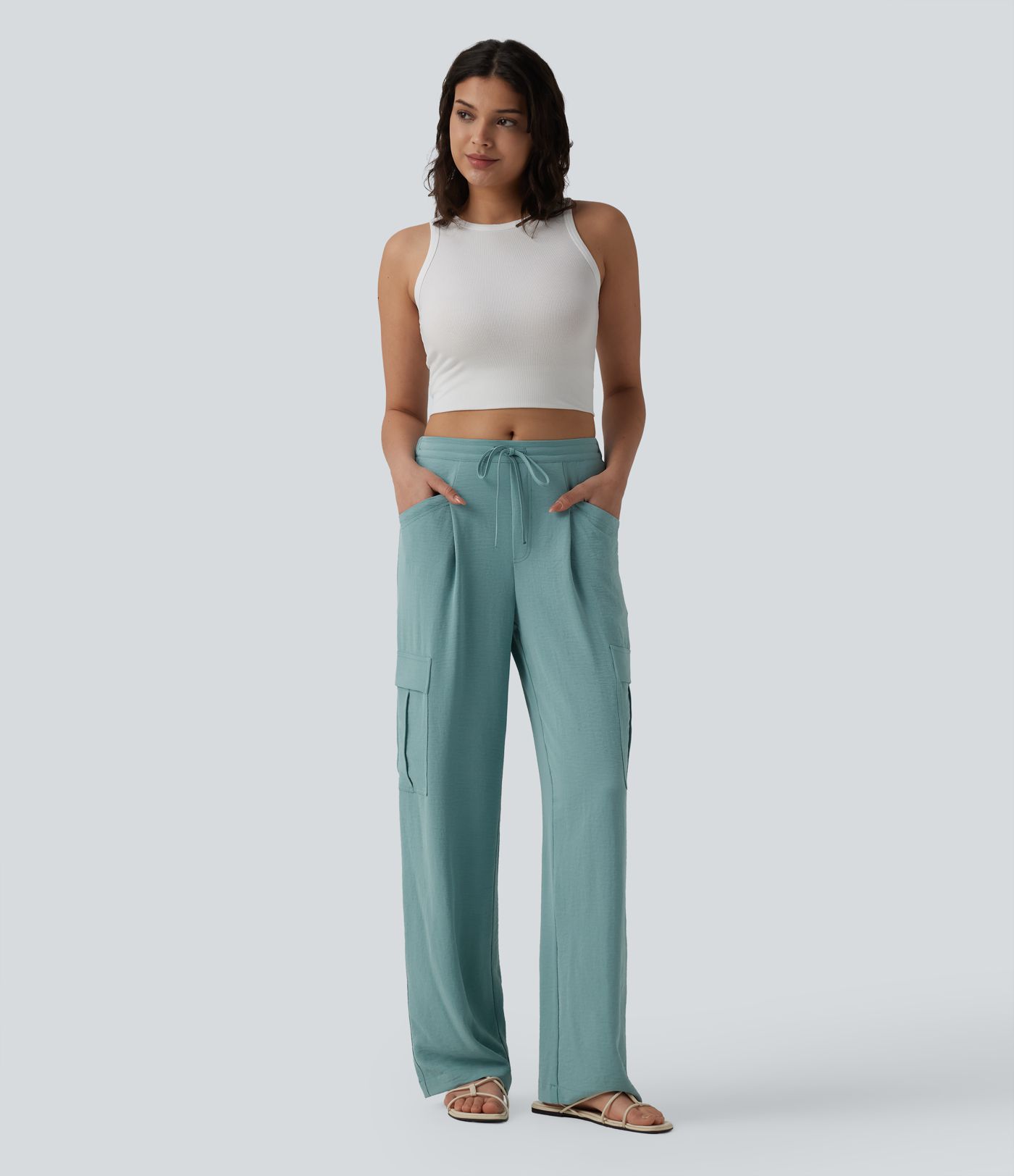 Pantalon cargo casual coupe droite taille mi-haute aspect lin à cordon de serrage avec poches