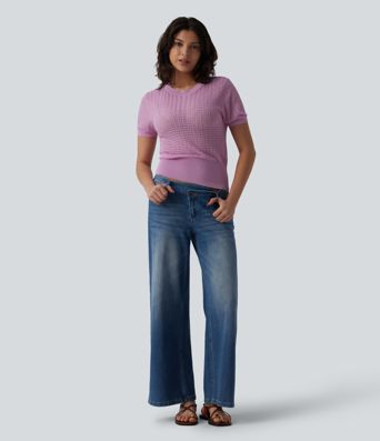 Round Neck Short Sleeve Hollow Out Resort Jumper