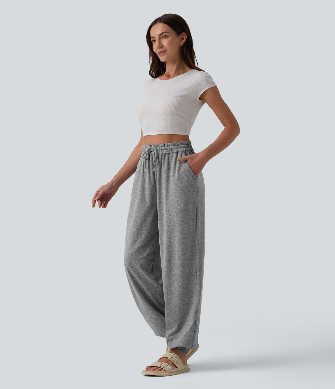 High Waisted Drawstring Wide Leg Casual Joggers with Pockets
