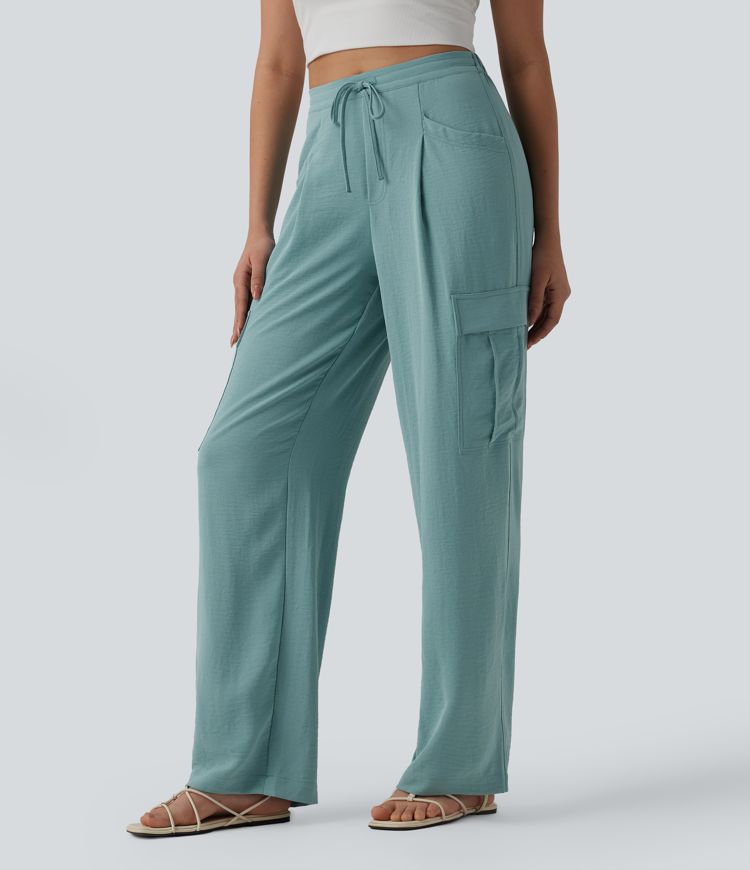 Pantalon cargo casual coupe droite taille mi-haute aspect lin à cordon de serrage avec poches