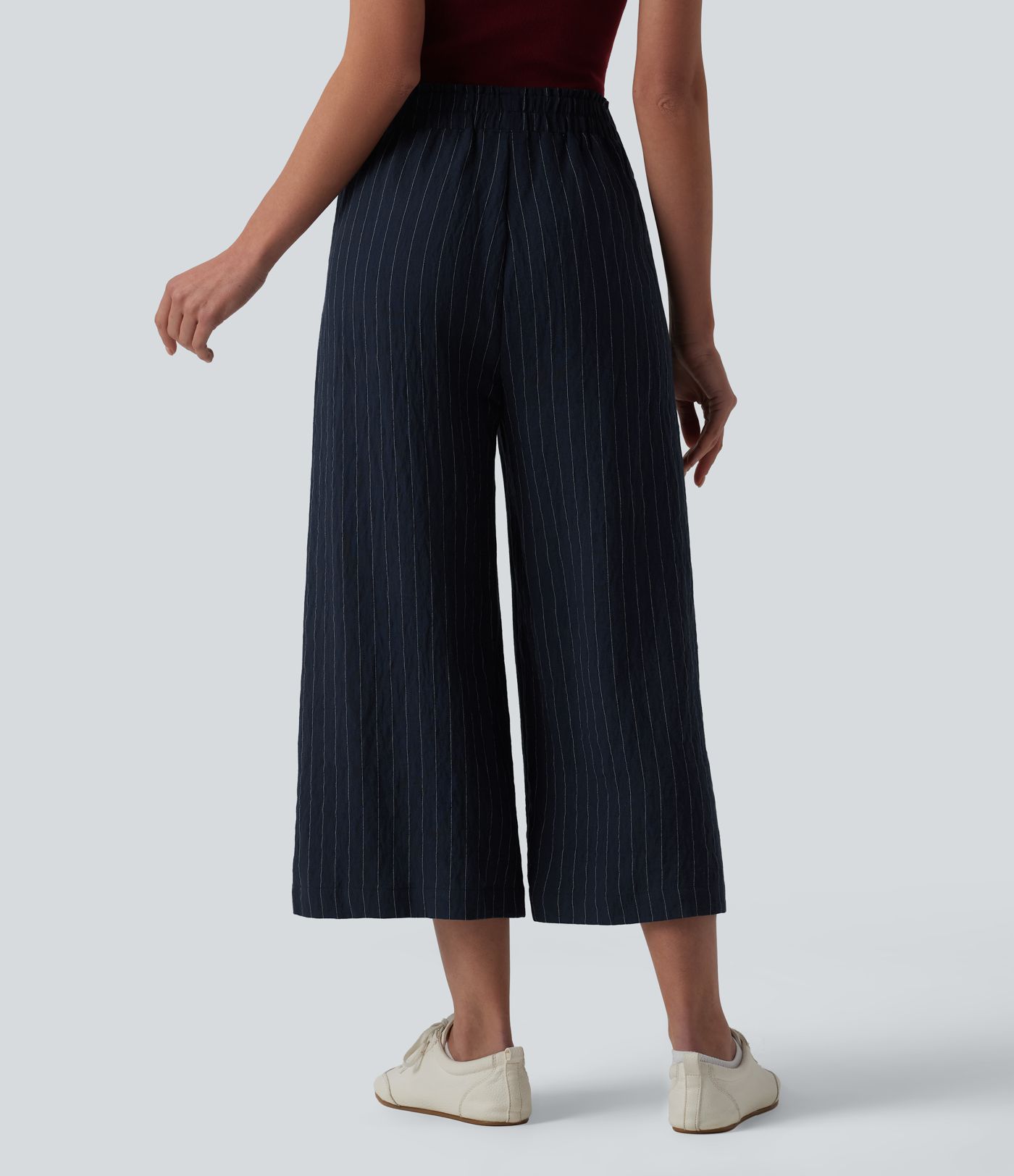 Pantalon casual 7/8 large ample mélange lin taille haute à rayures avec poches