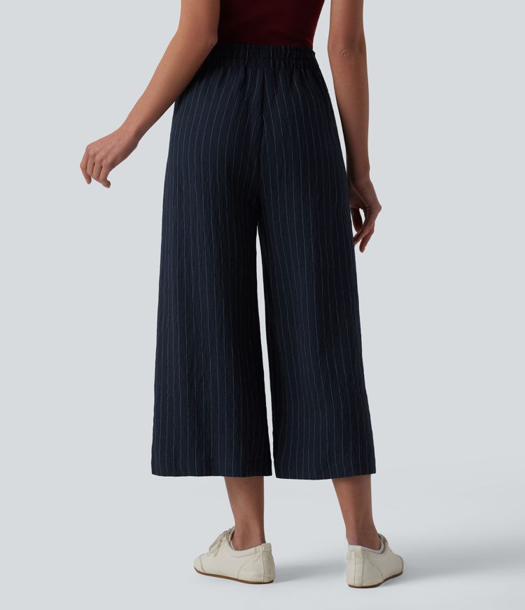 Pantalon casual 7/8 large ample mélange lin taille haute à rayures avec poches