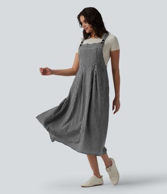 Plaid Flowy Midi Casual Dress with Pockets