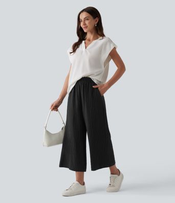 High Waisted Wide Leg Stripe Cropped Casual Linen-Blend Trousers with Pockets