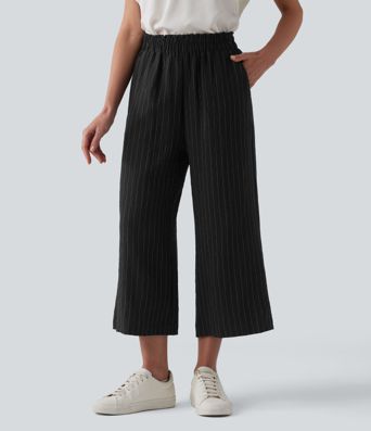 High Waisted Wide Leg Stripe Cropped Casual Linen-Blend Trousers with Pockets